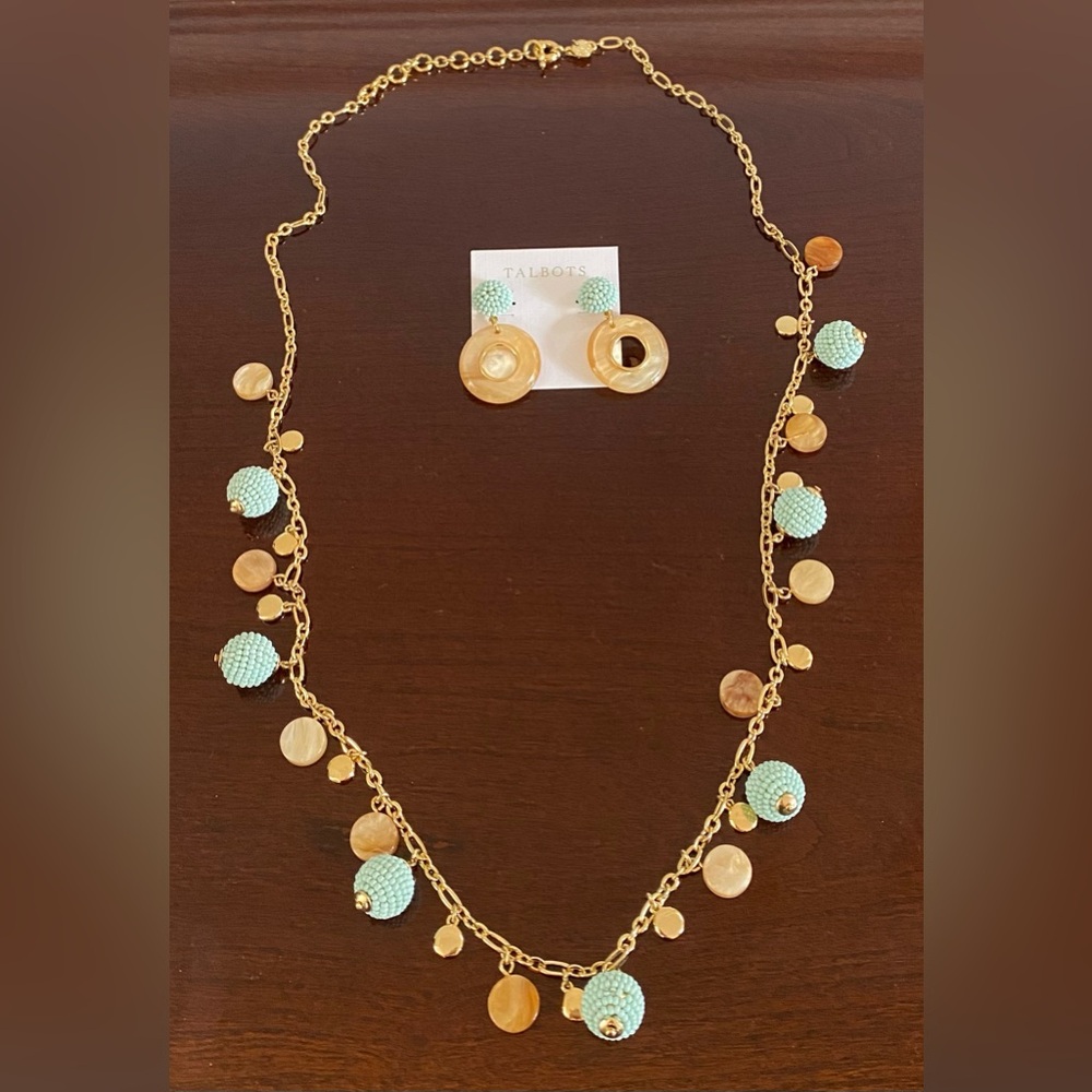 Talbots Gold Colored and Mint Seed Bead Necklace Earring Set